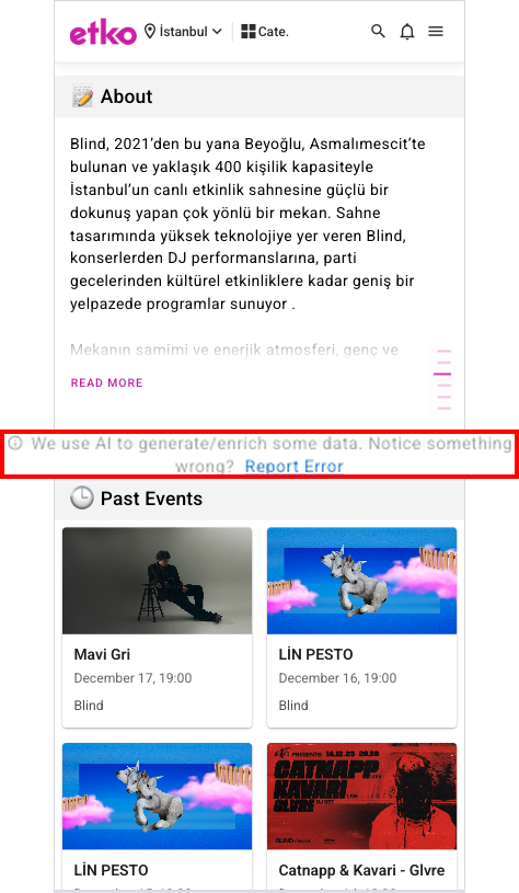 Etko app showing AI-generated content disclaimer with report error option